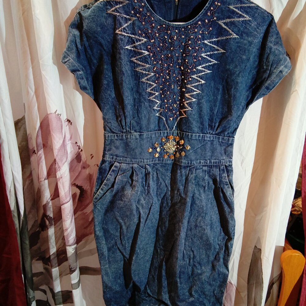 Vintage denim dress with sliver embellishment shoulder pads back zip no tag Med?